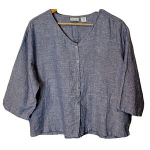 Sigrid Olsen Blue Button-Front Linen Blend Top